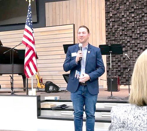 Photo submitted State Senate District 35 Candidate Tyler Dees speaks at the Siloam Springs Republican Women meeting on March 23. Dees won the runoff election on Tuesday, June 21 and will face Libertarian Candidate Doug Peterson in the General Election on Nov. 8.