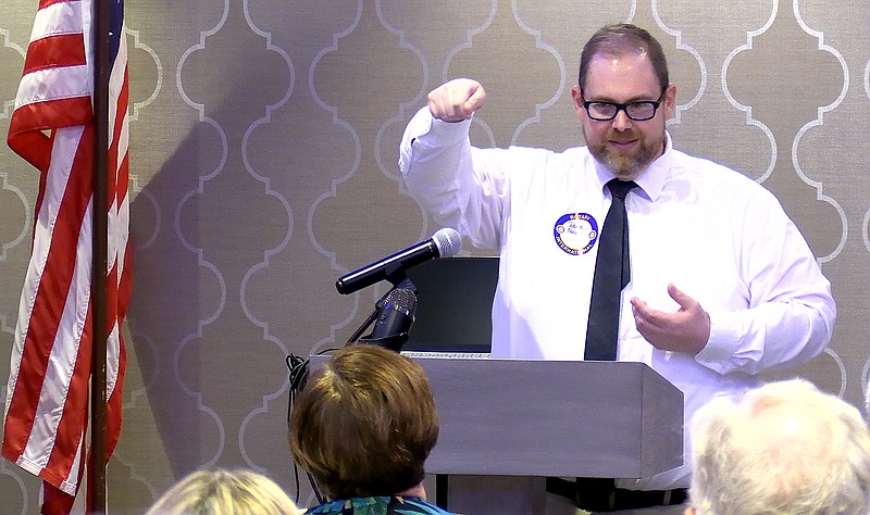 Daniel Moix, Arkansas School for Mathematics, Sciences, and the Arts director of STEM Pathways and Coding Arkansas’ Future, speaks about computer coding and its integral role in the future of Arkansas business at Wednesday’s Hot Springs National Park Rotary Club luncheon. - Photo by Donald Cross of The Sentinel-Record