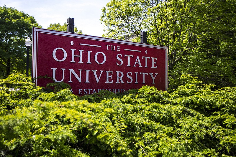 This May 8, 2019, file photo shows a sign for The Ohio State University in Columbus, Ohio. Ohio State University has won its fight to trademark the word "The." The U.S. Patent and Trademark Office approved the university's request Tuesday. The school says it allows Ohio State to control use of "The" on branded products associated with and sold through athletics and collegiate channels. (Associated Press)