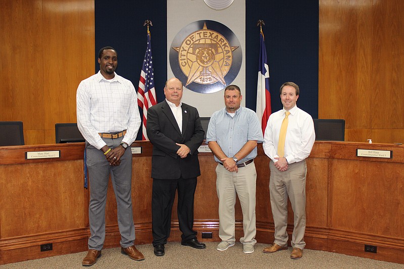 The city of Texarkana, Texas, recently made several appointments and promotions. From left, Vashil Fernandez has been promoted to director of Planning and Community Development; Police Chief Kevin Schutte and Public Works Director Dusty Henslee have been appointed assistant city managers; and J.W. Bramlett has been  promoted to director of Administrative Services. (Submitted photo)