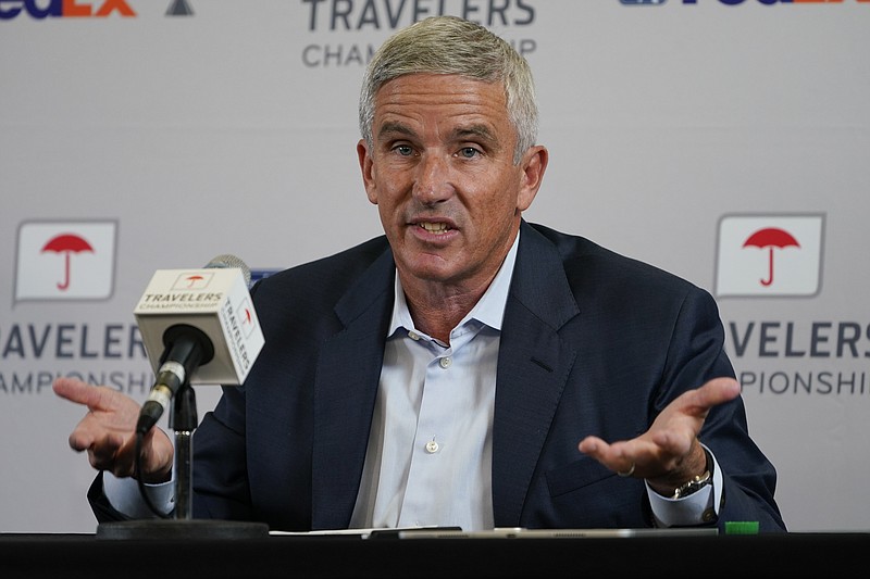 PGA Tour Commissioner Jay Monahan speaks during a news conference before the start of the Travelers Championship golf tournament at TPC River Highlands, Wednesday, June 22, 2022, in Cromwell, Conn. (AP Photo/Seth Wenig)