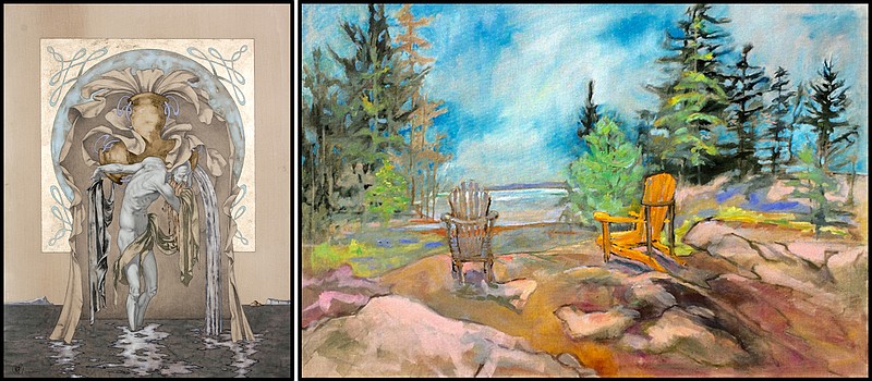 “Typontus, The Aeli of the Waters Dividing the Rivers, Lakes, and Seas” by Randall Good and “Come Sit With Me” by Rebecca Thompson are on display through July at Justus Fine Art Gallery in Hot Springs. (Special to the Democrat-Gazette)