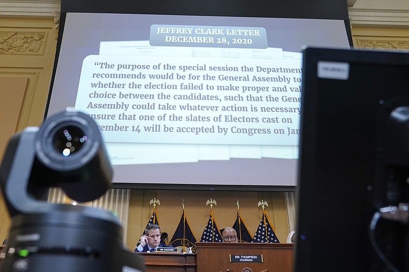 The Associated Press
A portion of a draft letter from Jeffrey Clark is displayed as the House select committee investigating the Jan. 6 attack on the U.S. Capitol continues to reveal its findings of a year-long investigation, at the Capitol in Washington on Thursday.