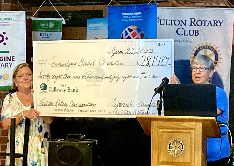 Contributed
Debbie Laughlin, Fulton Rotary Club president, and Mary Ann Beahon, community service chair, display a ceremonial check for $28,148, representing the club’s charitable giving during the past year.