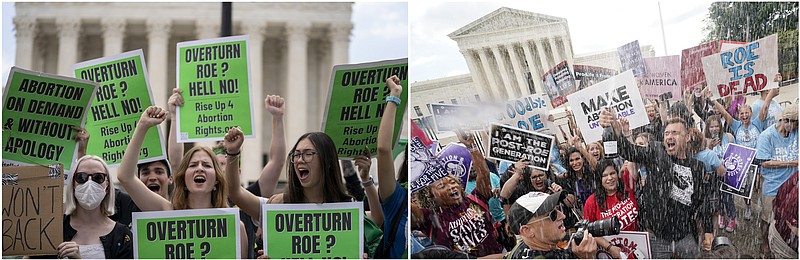 This combination of Friday, June 24, 2022, photos taken outside the Supreme Court in Washington shows abortion-rights activists protesting following Supreme Court's decision to overturn Roe v. Wade, at left, and anti-abortion activists celebrating following Supreme Court's decision, at right. The Supreme Court has ended the nation's constitutional protections for abortion that had been in place nearly 50 years in a decision by its conservative majority to overturn Roe v. Wade. (AP Photo)