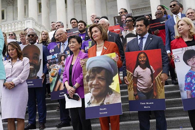 From left, Rep. Veronica Escobar, D-Texas, Rep. Judy Chu, D-Calif., House Speaker Nancy Pelosi of Calif., Rep. Jimmy Gomez, D-Calif., and Rep. Carolyn Maloney, D-N.Y., attend an event on the steps of the U.S. Capitol about gun violence Friday, June 24, 2022, in Washington. (AP Photo/J. Scott Applewhite)