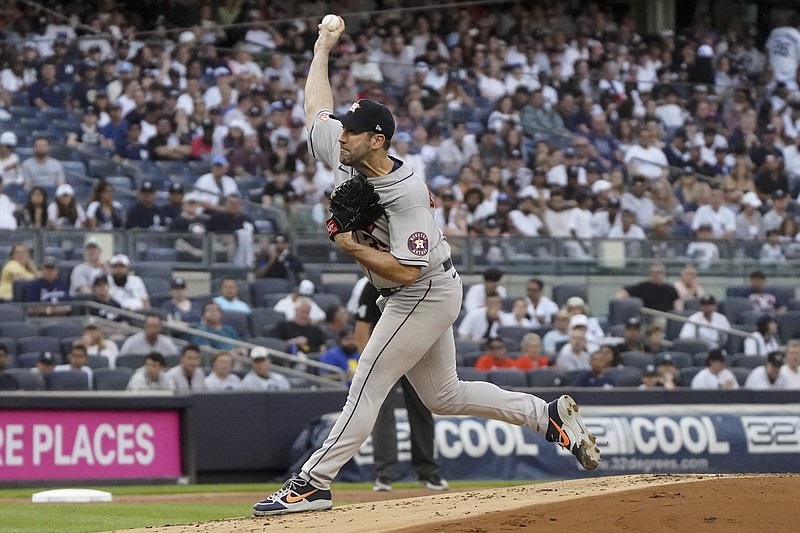 Houston Astros' Justin Verlander pitches during the first inning of the team's baseball game against the New York Yankees Friday in New York. - Photo by Bebeto Matthews of The Associated Press