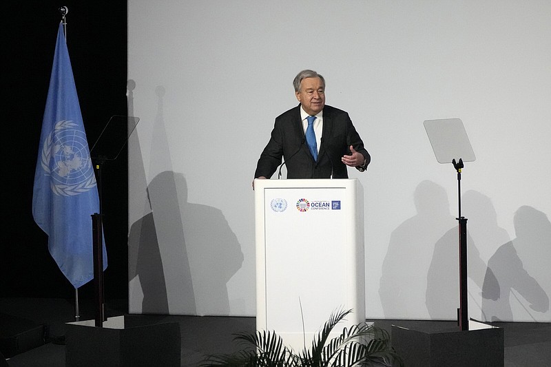 United Nations Secretary-General Antonio Guterres delivers a speech opening the UN Ocean Conference in Lisbon, Monday, June 27, 2022. From June 27 to July 1, the United Nations is holding its Oceans Conference in Lisbon expecting to bring fresh momentum for efforts to find an international agreement on protecting the world's oceans. (AP Photo/Armando Franca)