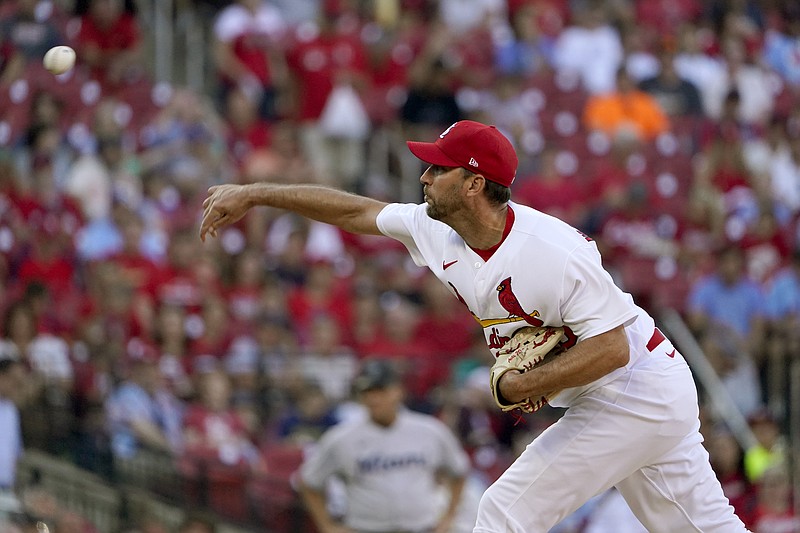 St. Louis Cardinals starting pitcher Adam Wainwright throws during the first inning of a baseball game against the Miami Marlins Monday, June 27, 2022, in St. Louis. (AP Photo/Jeff Roberson)