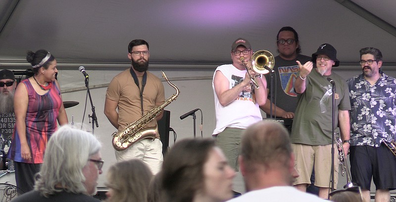 The Big Dam Horns performs at Bridge Street LIVE! on June 23. - Photo by Donald Cross of The Sentinel-Record