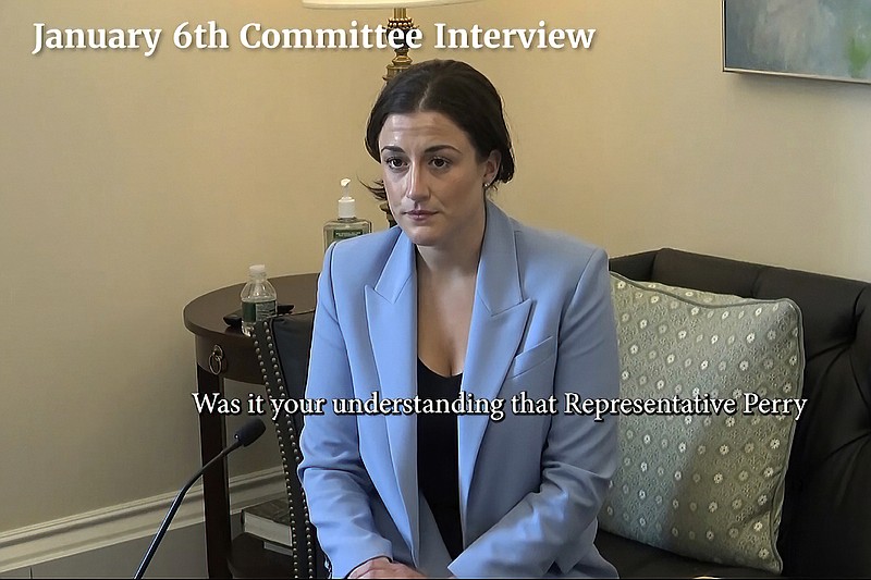 FILE - This exhibit from her video deposition to the House Select Committee investigating the Jan. 6, 2021 attack on the U.S. Capitol shows Cassidy Hutchinson, former aide to chief of staff Mark Meadows. Hutchinson testified live at a hearing before the Committee on Capitol Hill in Washington, D.C., on Tuesday, June 28. (House Select Committee via AP, File)