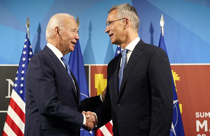 The Associated Press
U.S. President Joe Biden, left, is greeted by NATO Secretary General Jens Stoltenberg during arrival for a NATO summit in Madrid, Spain on Wednesday.