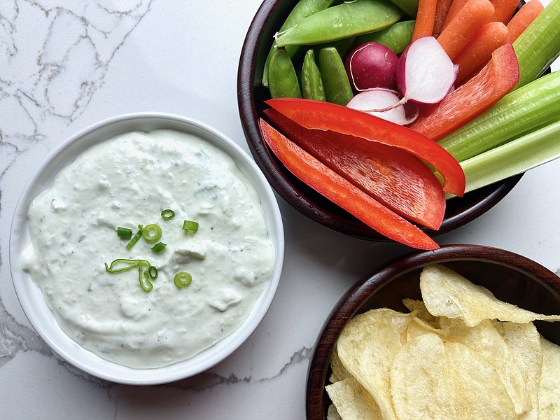 Green Onion Dip with potato chips and assorted vegetables for dipping. (Arkansas Democrat-Gazette/Kelly Brant)