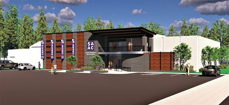 An architectural rendering shows what the South Arkansas Arts Center's new western exterior will look like after the Reaching Higher campaign's goals are met and the facility is renovated and expanded. (Courtesy of M R Designs/Special to the News-Times)