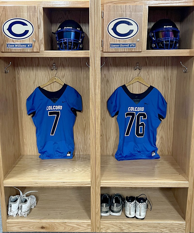 Westside Eagle Observer/GRAHAM THOMAS Jerseys of Colcord seniors Eyan Williams and Sawyer Sherrell are shown in two of the 44 new hand-built lockers in the Colcord (Okla.) locker room.