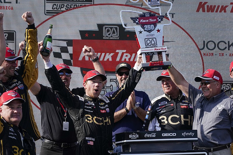 Tyler Reddick reacts after winning the Kwik Trip 250 after a NASCAR Cup Series auto race Sunday, July 3, 2022, at Road America in Elkhart Lake, Wis. (AP Photo/Morry Gash)