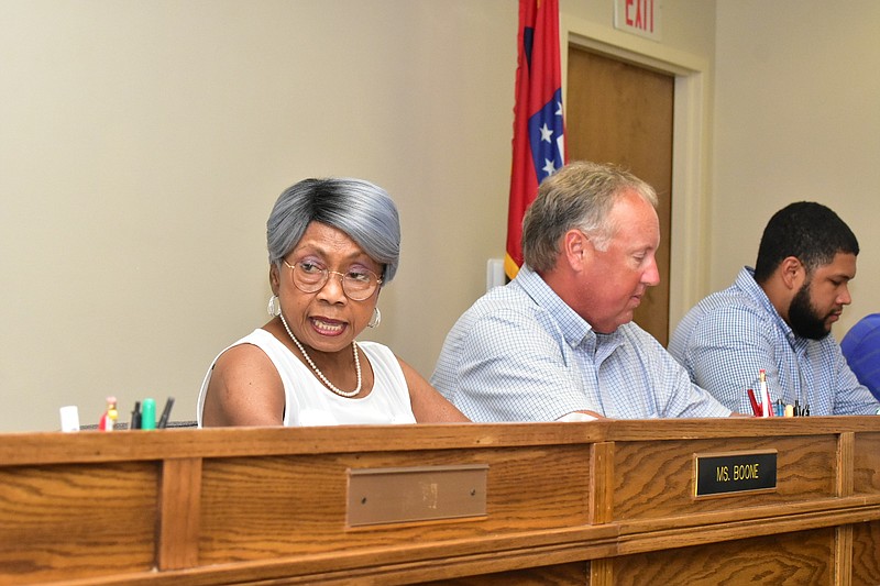 Watson Chapel School Board President Sandra Boone opens a special called meeting Tuesday, July 5, 2022, before going into executive session. (Pine Bluff Commercial/I.C. Murrell)