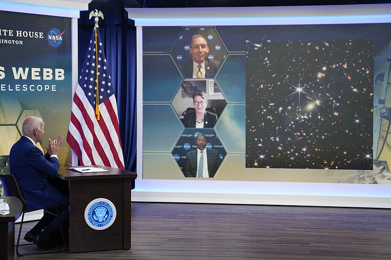 President Joe Biden speaks during a briefing from NASA officials about the first images from the Webb Space Telescope, the highest-resolution images of the infrared universe ever captured, in the South Court Auditorium on the White House complex, Monday, July 11, 2022, in Washington. (AP Photo/Evan Vucci)