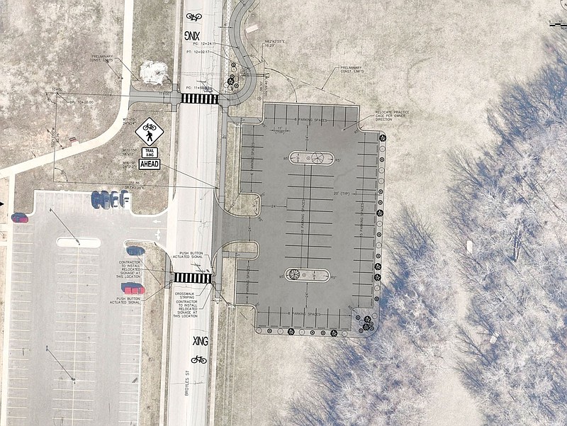 COURTESY BURNS MCDONNELL
The proposed trail plan for Creekside Park in Farmington includes a 65-space parking lot and trailhead on the east side of Broyles Street. This shows the parking lot concept plan.