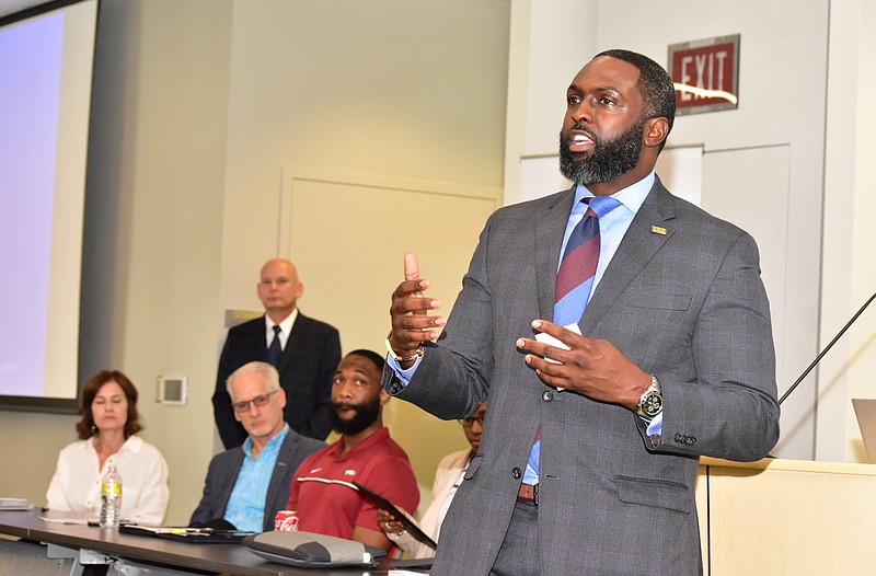 Ted James, Region 6 administrator of the U.S. Small Business Association, gives an introductory statement during a visit with local business owners Thursday, July 14, 2022, at the downtown Pine Bluff/Jefferson County Library. (Pine Bluff Commercial/I.C. Murrell)