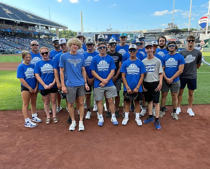 Members of the Russellville High School baseball team were recognized July 12, 2022, by the Kansas City Royals at Kauffman Stadium in Kansas City. The Russellville Indians won their first state championship May 31 against the Portageville Bulldogs. Pictured, from left, in the front row: Isaiah Kauffman, Brennen Stinson, Ethan Strobel and Collin Mouser, manager; second row: Kate Oligschlaeger, manager, Kraylin Laird, manager, Logan Cinotto, Jake Schulte, Christopher Seaver, Alex Oligschlaeger, Jesse Daniel and Josiah Herman; third row: Lucas Branson, head coach, Tyler Watkins, assistant coach, Bryce Bryant, Nolan Gartner, Ethan Hickey, Braedyn Bryant, Landen Waggoner and Charlie Miller. (Submitted photo)