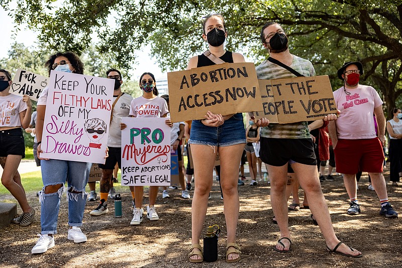 Abortion rights activists rally at the Texas State Capitol on Sept. 11, 2021, in Austin. (Jordan Vonderhaar/Getty Images/TNS)