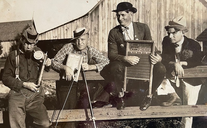 Hosea Fausett (from left), Joe Wirges, his brother John B. Wirges and J.T. Malone played real music on comical instruments and kitchenware in their Original Arkansas Hill-billies Orchestra in the 1920s and '30s. (Family photo courtesy of John Wirges III)