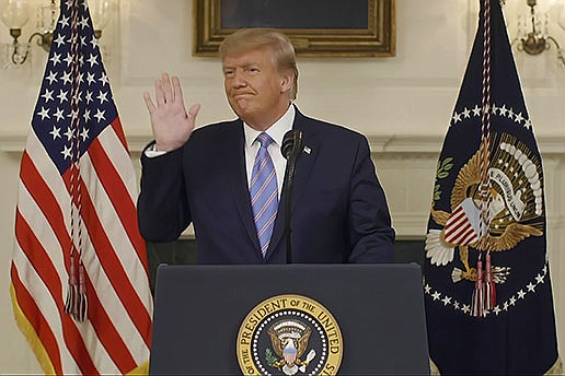 This exhibit from video released by the House Select Committee, shows President Donald Trump recording a video statement at the White House on Jan. 7, 2021, that was played at a hearing by the House select committee investigating the Jan. 6 attack on the U.S. Capitol, Thursday, July 21, 2022, on Capitol Hill in Washington. (House Select Committee via AP)