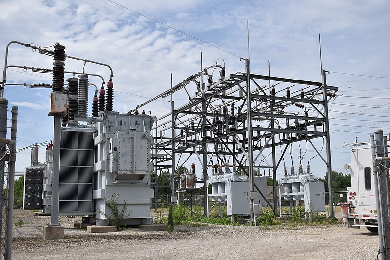 Electrical transformers and switchgear are seen July 25, 2022 at an electrical substation for Ameren Missouri in California, Missouri. Ameren and City of California crews were at the substation attempting to troubleshoot a power failure for parts of Moniteau County, including all of California. The power went out around 9:55 a.m. and was restored in just over an hour. (Democrat photo/Garrett Fuller)