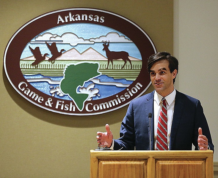 Austin Booth after he was named as the new director of the Arkansas Game and Fish Commission during the AGFC board meeting on Thursday, May 27, 2021, at the AGFC headquarters in Little Rock. (Arkansas Democrat-Gazette/Thomas Metthe)