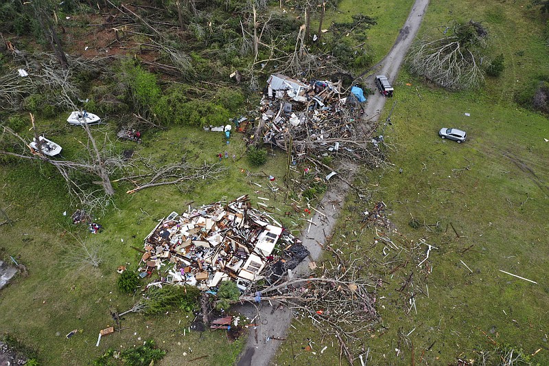 Damage to two homes is seen from the air in the aftermath of a tornado in 2022 in Pembroke, Ga. (Photo for The Washington Post by Elijah Nouvelage)