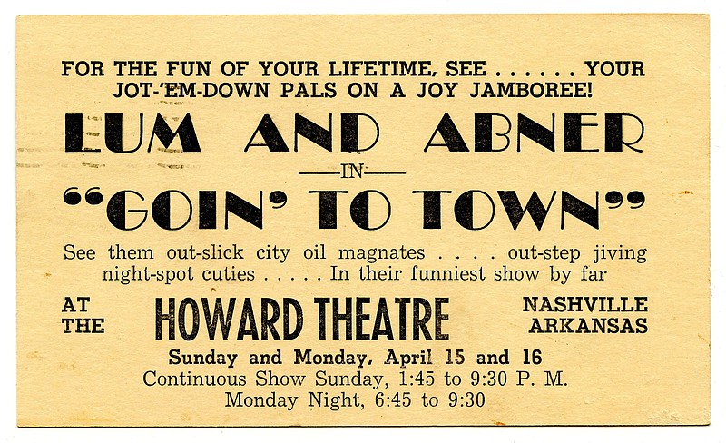 Nashville, 1945: The Howard Theater mailed this postcard seeking to sell tickets for Lum and Abner’s latest movie, “Goin to Town.”