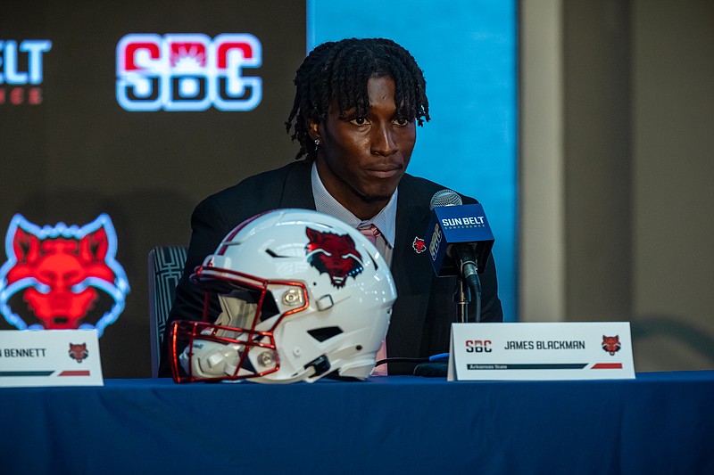 Arkansas State quarterback James Blackman speaks on the main stage at Sun Belt Media Days in New Orleans ahead of the 2022 season. (Photo courtesy of the Sun Belt Conference)