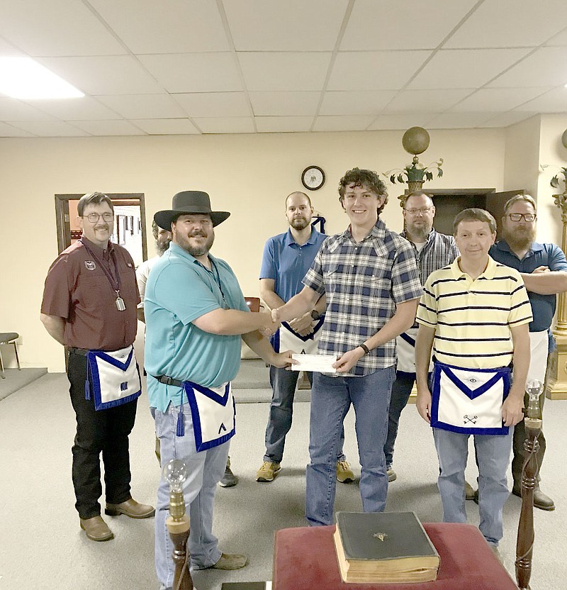 Occidental Lodge No. 436 recently awarded a college scholarship to Heath Williams of Farmington High School. Pictured (left to right, back) are Evan Gann, Deacon Keith Williford, Sr., John Singer; (front) Chaplain Joesph Bradley, Worshipful Master Pratt Lipe, Heath Williams, and Treasurer Doug Stumbaugh. 
(Courtesy photo)