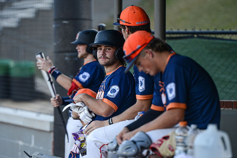 Players for the Fort Smith Sportsman visit in the dugout on Thursday, July 7, 2022. The Sportsman captured the AAA American Legion state championship last week, and will now advance to the American Legion regional tournament in Alabama next week.
(NWA Democrat-Gazette/Hank Layton)