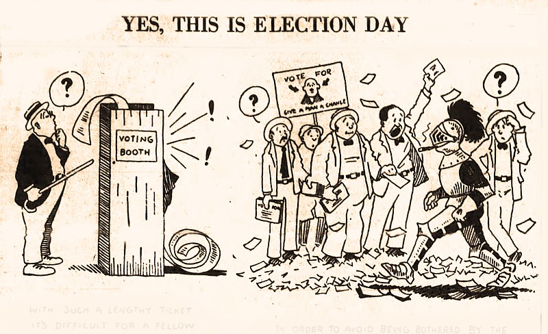 Excerpts from a Page 1 cartoon by Arkansas Democrat editor Hubert Park that appeared Aug. 8, 1922, primary election day for Democrats in Arkansas. (Democrat-Gazette archives)