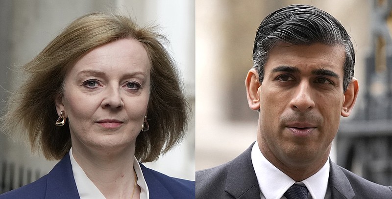 FILE - This combo of file photos shows the two candidates in the Conservative Party leadership race, former Chancellor of the Exchequer Rishi Sunak and Foreign Secretary Liz Truss. Britain's governing Conservative Party said Wednesday, Aug. 3, 2022 that it has delayed sending out ballots for the party’s leadership election after a warning from the U.K. intelligence services about the risk of fraud. Ballots had been due to be mailed out early this week to about 180,000 party members, who are selecting a new leader for the party and the country. (AP Photo, File)