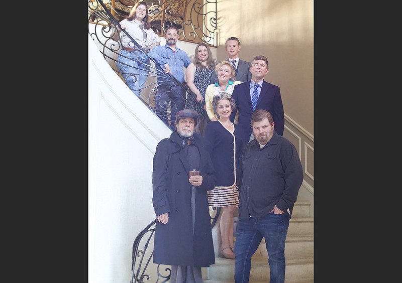 The Royal Players cast of “Noises Off”: (front row, from left) Larry Lapaglia, Amanda Kennedy, Garrett Brenneman; (second row, from left), Susan Thomey, Kurt Leftwich; (third row, from left) Gabrielle Neafsey, Stanley Robinson; (fourth row) Jeremy Clay; and (fifth row) Hillary Bell. (Special to the Democrat-Gazette)