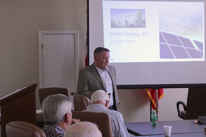Jay Holstead, an account manager for McKinstry, presents a proposal on solar energy for Union County to Justices of the Peace in July. (Caitlan Butler/News-Times)