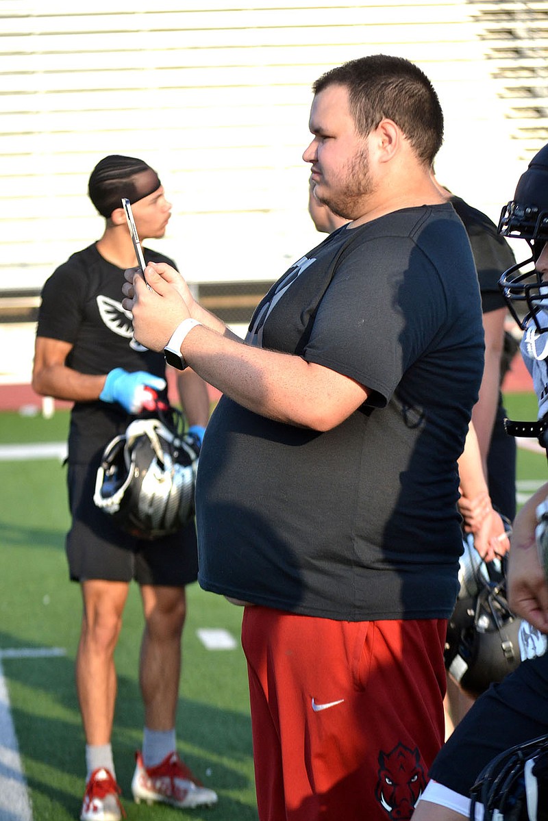 TIMES photograph by Annette Beard

Kyle Hall videotapes plays during Blackhawk football practice.