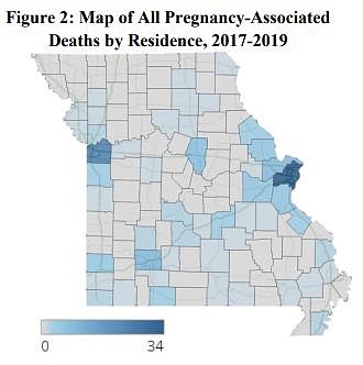 Map shows the prominence of pregnancy-associated deaths by county.