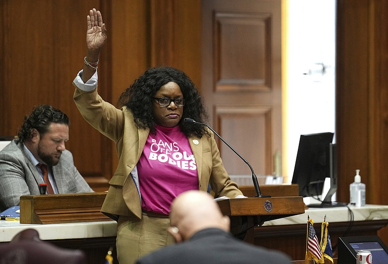 Rep. Renee Pack speaks before a vote is held on Senate Bill 1 during a special session Friday, Aug. 5, 2022, at the Indiana Statehouse in Indianapolis. The bill bans abortions at zero weeks except in the cases of rape, incest or to protect the life of the pregnant person. (Jenna Watson/The Indianapolis Star via AP)