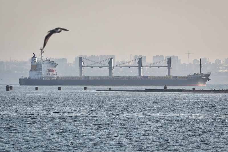 The ship Navi-Star carrying a load of corn leaves port Friday, Aug. 5, 2022, in Odesa, Ukraine. Ukraine is a major global grain supplier but the war had blocked most exports, so the July 22 deal aimed to ease food security around the globe. World food prices have been soaring in a crisis blamed on the war, supply chain problems and COVID-19. (AP Photo/Nina Lyashonok)