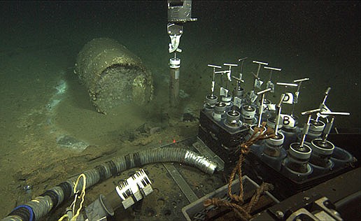 About 60 barrels were visually identified by Jason, a remotely operated robot that also collected samples of nearby sediment with large tubes. One spot had a DDT concentration 40 times higher than the highest level of surface contamination recorded at the Palos Verdes Superfund site.  (Photo courtesy of David Valentine/ROV Jason/TNS)