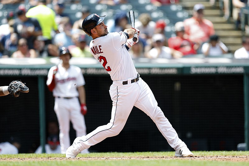 Cleveland Guardians' Luke Maile watches his solo home run off Houston Astros starting pitcher Cristian Javier during the fifth inning of a baseball game, Sunday, Aug. 7, 2022, in Cleveland. (AP Photo/Ron Schwane)