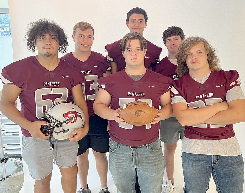 Graham Thomas/Siloam Sunday
Siloam Springs football players (front from left) juniors Saul Urena, Justin Burton and Jed Derwin and (back) seniors Stone Stephens, Jonathon Graves and Nick Driscoll along with coach Brandon Craig (not pictured) attended Northwest Arkansas Democrat-Gazette football media day on Thursday at Arvest Ballpark in Springdale.