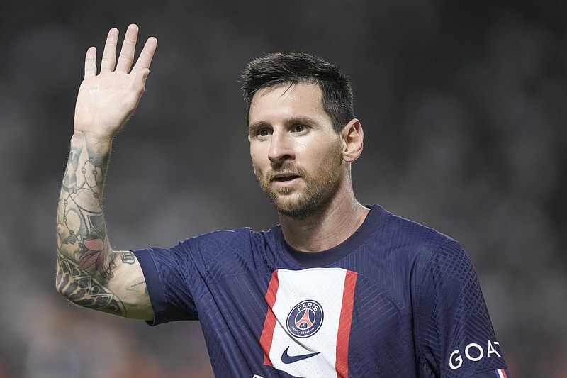 PSG's Lionel Messi waves during the French Super Cup final soccer match between Nantes and Paris Saint-Germain at Bloomfield Stadium in Tel Aviv, Israel, Sunday, July 31, 2022. (AP Photo/Ariel Schalit)