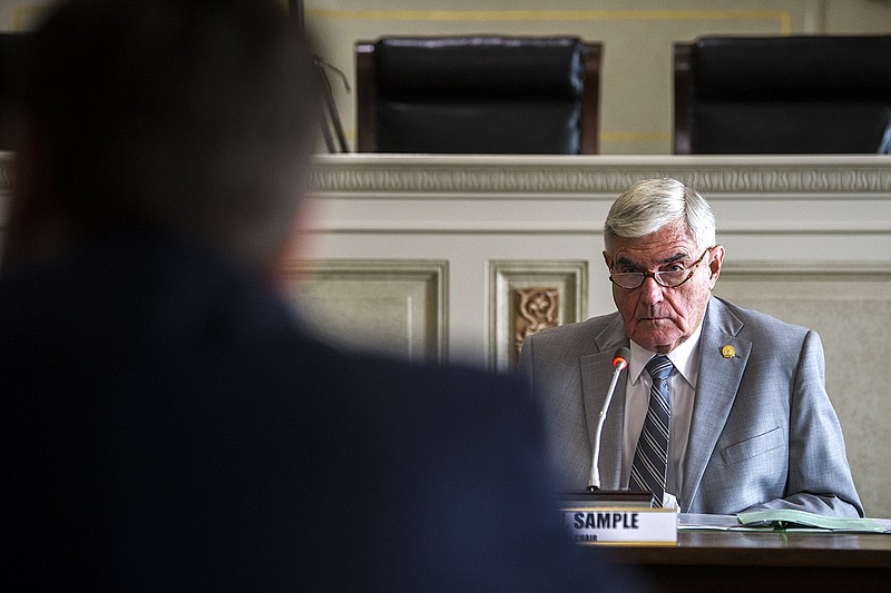 Senator Bill Sample, R-Hot Springs, asks a question for Senator Jonathan Dismang, R-Beebe, as he introduces a bill to reduce Arkansas income taxes during a meeting of the Senate Committee on Revenue and Taxation on the first day of the special session at the Arkansas State Capitol on Tuesday, Aug. 9, 2022. See more photos at arkansasonline.com/810ledge/

(Arkansas Democrat-Gazette/Stephen Swofford)