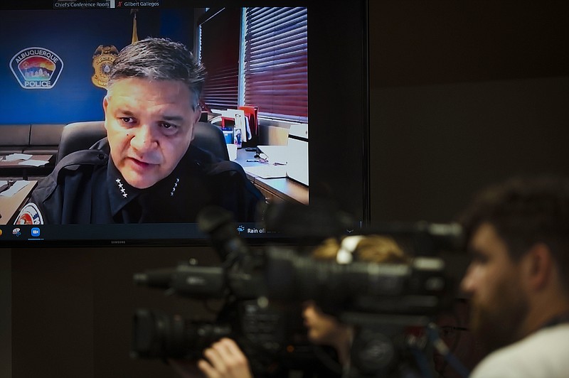 Albuquerque police Chief Harold Medina address another killing of a Muslim man that happened early Saturday morning in Albuquerque, during a news conference at the ADP headquarters in Downtown Albuquerque on Saturday, Aug. 6, 2022. (Chancey Bush/The Albuquerque Journal via AP)