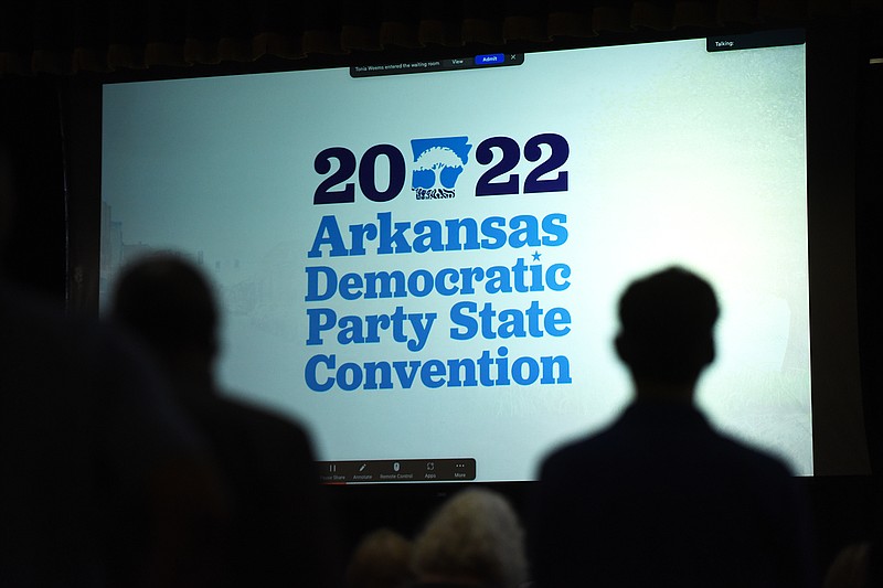 People gather in the Ida Waldran Auditorium on Saturday for the Democratic Party of Arkansas’ biennial State Convention at the University of Arkansas campus in Conway.
(Arkansas Democrat-Gazette/Staci Vandagriff)